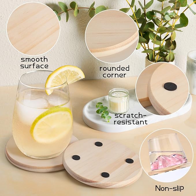 60 Pieces Unfinished Wood Coasters, GOH DODD 4 Inch Wooden Blanks with Non-Slip Pads for Laser Engraving Wood Burning Staining Painting Decoupage Housewarming Gifts Wedding Crafts Education