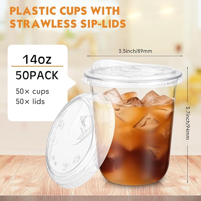 50 Sets 14 oz Clear Plastic Cups with Strawless Sip Lids, Thickened Clear Disposable Plastic PET Crystal Cups for Iced Coffee, Smoothie, Cold Beverage, Drink Shops and Party Catering