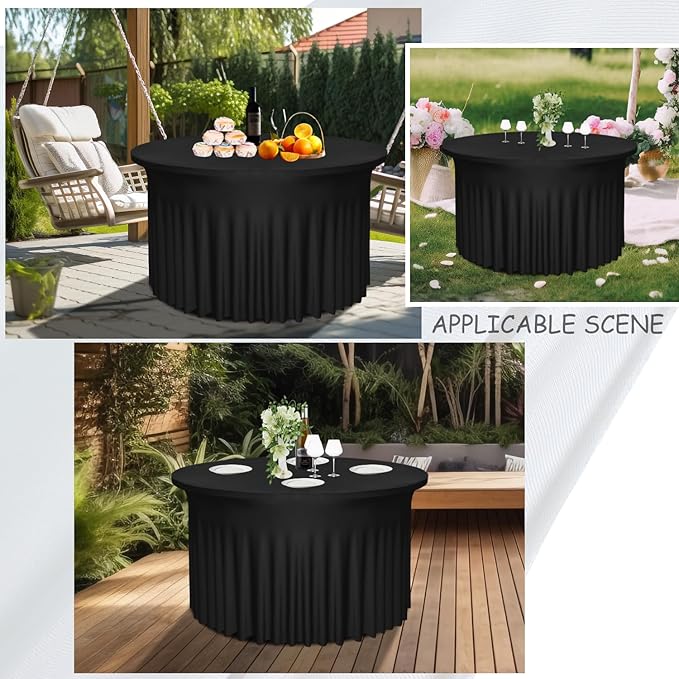 2 Pack Black Round Table Skirt, 60 Inch Diameter x 30 Inch Height, Stretch Polyester Spandex Tablecloth for 5ft Round Tables, Stain & Wrinkle Resistant for Wedding, Party, Banquet Decor