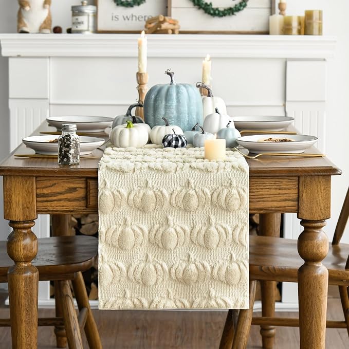 Artoid Mode Beige Soft Faux Fur Pumpkins Fall Table Runner 13x120 Inch | - Image 6