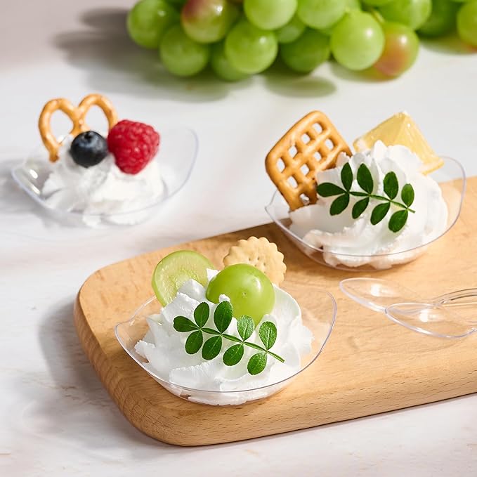 Kucoele 100 Pack Mini Dessert Plates, Small Clear Plastic Trays with Spoons Disposable Party Serving Plates for Appetizer, Dessert, Fruit