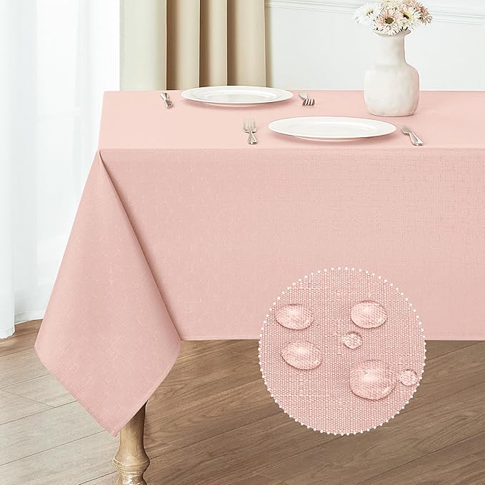 2 Pack Rectangle Tablecloth, 52x70 inch, Water Resistant Wrinkle Free Linen Textured Table Cloth Washable, Decorative Fabric Table Cover for Dining, Party and Camping, Pink