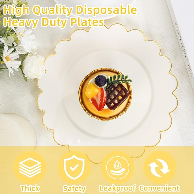 LIYH 100 Pcs Ivory Dessert Plates with Gold Rim- Ivory Plastic Plates 7.5" Disposable Scalloped Fancy Gold Plastic Plate,Baby Shower Cake Plate Party Suitable for Valentine's Day or Mother's Day