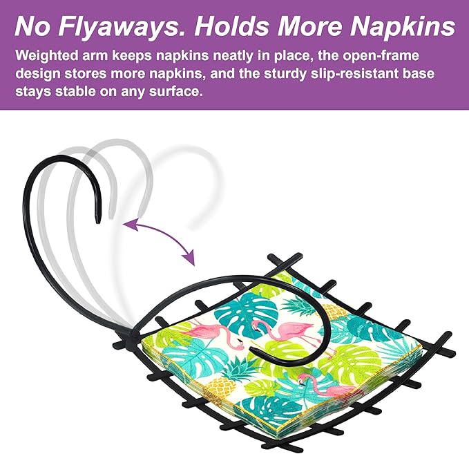 Amazing Abby Steel Luncheon Napkin Holder (8"x8") (1-Pack), Heavy-Duty Metal Napkin Dispenser with Weighted Arm and Non-Slip Pads, Great for Kitchen Counter, Dining Table, Outdoors, Picnics, and More