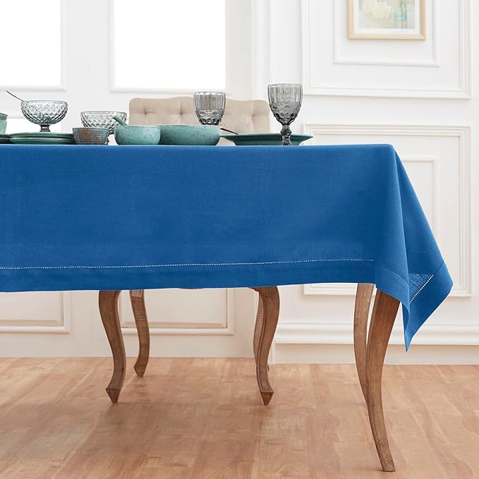 Solino Home Linen Indigo Blue Tablecloth 60 x 132 Inch - Classic Hemstitch, 100% Pure Linen Rectangular Tablecloth - Machine Washable Table Cloth for Winter, Spring, Easter