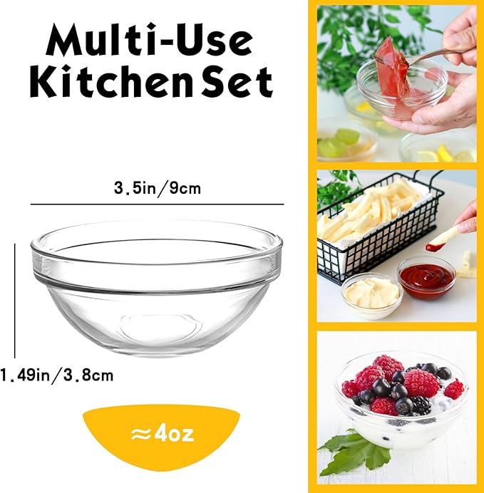 Etolies 20 pack Mini Glass Prep Pinch Bowls,3.5 Inch(4oz) Clear Small Glass Bowls Set of 12 pack and 2.3 Inch(1oz) 8 pack, Serving Bowls Stackable for Kitchen Prep, Dips,Cooking Toppings,Condiments.