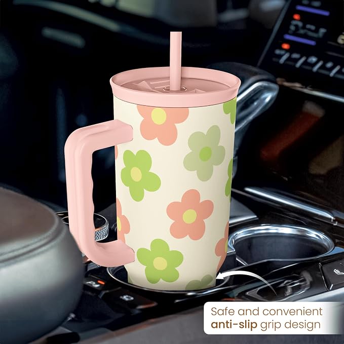 SANDJEST Daisy Tumbler with Handle 40oz, Floral Cup Stainless Steel Insulated - Image 6