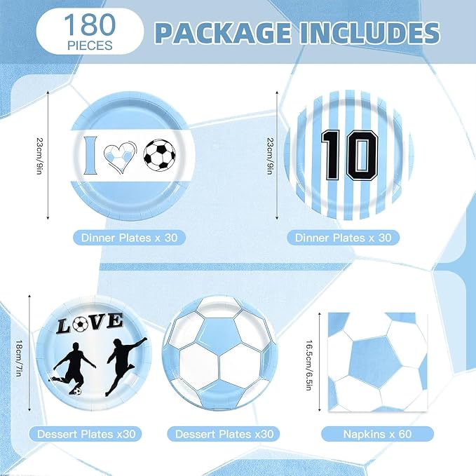 180Pcs Blue Soccer Party Supplies Paper Plates and Napkins Serve 60 | - Image 2