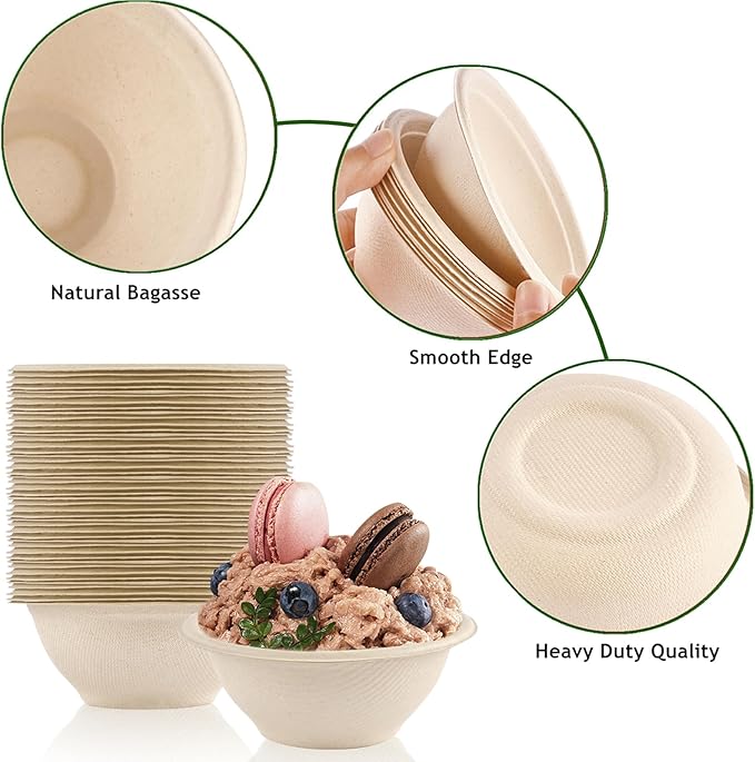 Ocmoiy Bulk 150Pk. 8 OZ Paper Bowls Disposable Heavy Duty Small Compostable Food Bowls, Eco-friendly Sugarcane Bowl for Party Serving Treats, Microwave Safe for Hot or Cold Use