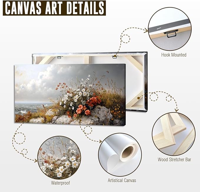 ADJUVANT Wall Art Vintage Coastal Floral Scene 40"L x 20"W, Seaside Wildflowers By The Ocean Canvas Painting Nature Artwork Coastal Blooms Prints Botanic Decor for Living Room Bedroom Bathroom Home Office