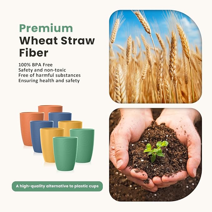 Homienly Drinking Glasses Cups Set of 8 - Wheat Straw Cups | Alternative to Plastic Cup 16 OZ | Reusable Unbreakable Water Tumblers | Dishwasher Safe Drinking Cup for Kitchen - Multi Color