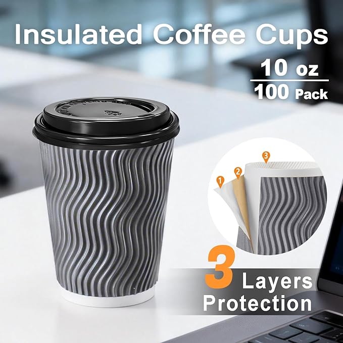 100 Pack 10 oz Coffee Cups with Lids, Disposable Insulated Hot Cups To Go Paper Coffee Cups, Corrugated Ripple Wall Cup for Hot Drink, Office, Coffee Bar (Grey 10 oz)