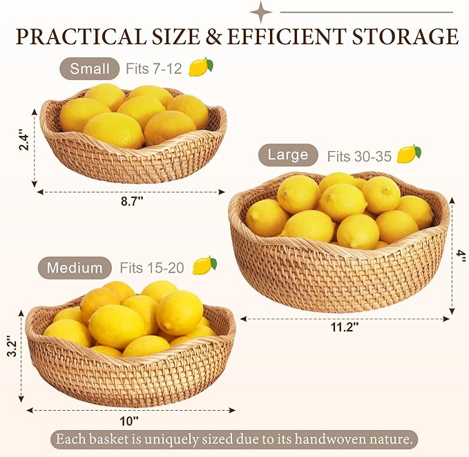 11.2" Large Wave Rattan Bread Basket for Fruit, Natural Wicker Fruit Basket for Kitchen Counter, Hand Woven Food Baskets, Bread Baskets for Serving, Fruit, Vegetable, Candy, Nuts, Keys, Wallets, Etc.