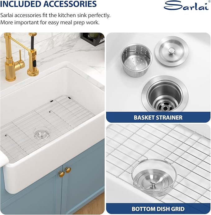 Sarlai White Farmhouse Kitchen Sink - 33x20 Inch Farmhouse Kitchen Sink Flat Apron Front White Ceramic Sinks Single Bowl Farm Farmer Sinks Porcelain Fireclay Basin