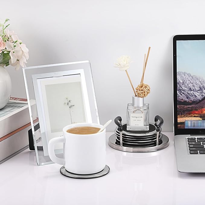 JUXYES Set of 6 Stainless Steel Round Coasters with Holder & Sponge Bottom, Silver Black Metal Cup Coasters Set Stunning Cool Coaster Cups Mats Decor for Restaurant Kitchen bar Dining Table