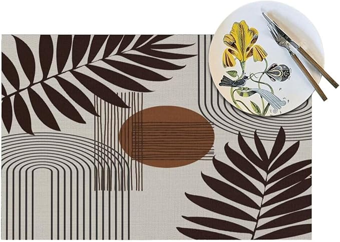 Mid Century Abstract Boho Placemats Geometric Neutral Beige Modern Leaf Plant Semicircle Art Washable Place Mats 12x18Inch for Dining Kitchen Farmhouse Decor 4 PCS