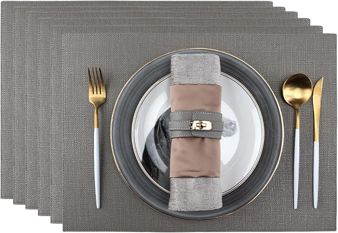 Faux Leather Placemats for Dining Table Set of 6, Heat Resistant Reversible PU Table Mats, Waterproof Wipeable Place Mats, 13"x18", Grey