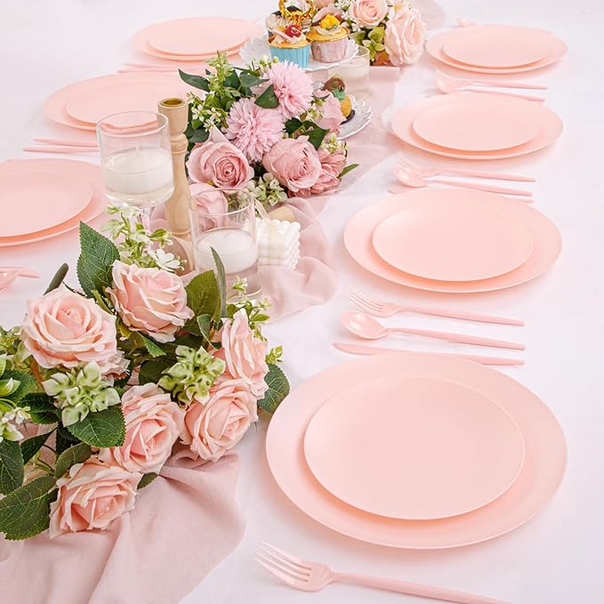 EI 150pcs Pink Plastic Plates Pink Disposable Heavy Duty Plastic Plates for Party Dinnerware Set Pink Plastic Silverware for Party Wedding Afternoon Tea,Spring,Mother's Day,Valentine's Day,Easter