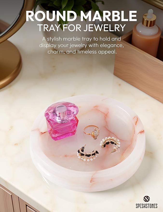 Marble Jewelry Dish for Women 5 Inch Handmade White Onyx Stone Holder for Ring & Necklace - Decorative Trinket Tray, Key Bowl & Candle Plate for Vanity Decor Accessories & Gifts