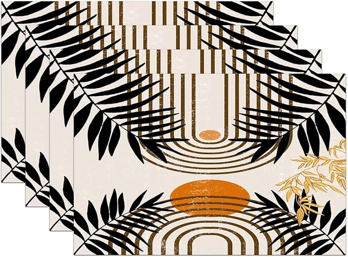 Vintage Mid Century Boho Placemats for Abstract Sun Bamboo Aesthetic Arch Curve Leaves Geometric Washable Place Mats 12x18Inch for Dining Kitchen Farmhouse Decor 6 PCS