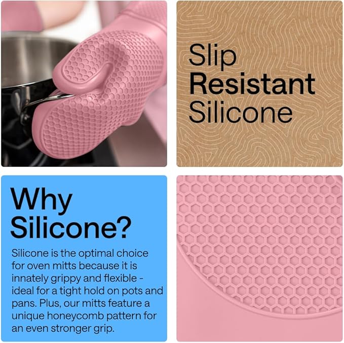 GORILLA GRIP BPA-Free Soft Silicone Oven Mitts, 14.5x8.3, Heat Resistant and Waterproof Cooking Gloves, Thick Cotton Lining, Flexible Gripping for Baking Grilling, Kitchen Potholders Set of 2, Pink