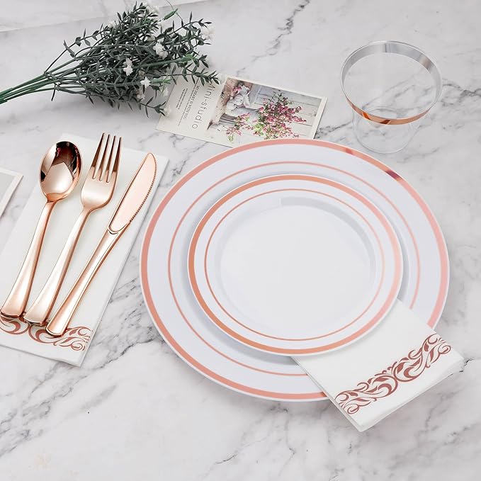 BESTVIP 350PCS Rose Gold Disposable Dinnerware Set for 50 Guests, Plastic Plates for Party, Wedding, Christmas, Include: 100 Plastic Plates, 50 Silver Silverware, 50 Cups, 50 Napkins