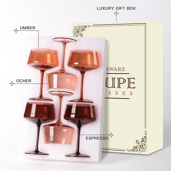 Brown Coupe glasses Set of 6-13 oz Large Capacity Martini Glassware - Amber Colored Cocktail Glasses- 【Hand-Blown】 Colored Champagne Glass-Valentine's Day,Wedding Gifts