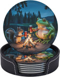 Happy Camper Frog Coasters for Drinks Set of 6, Round Leather Coaster by Unknown