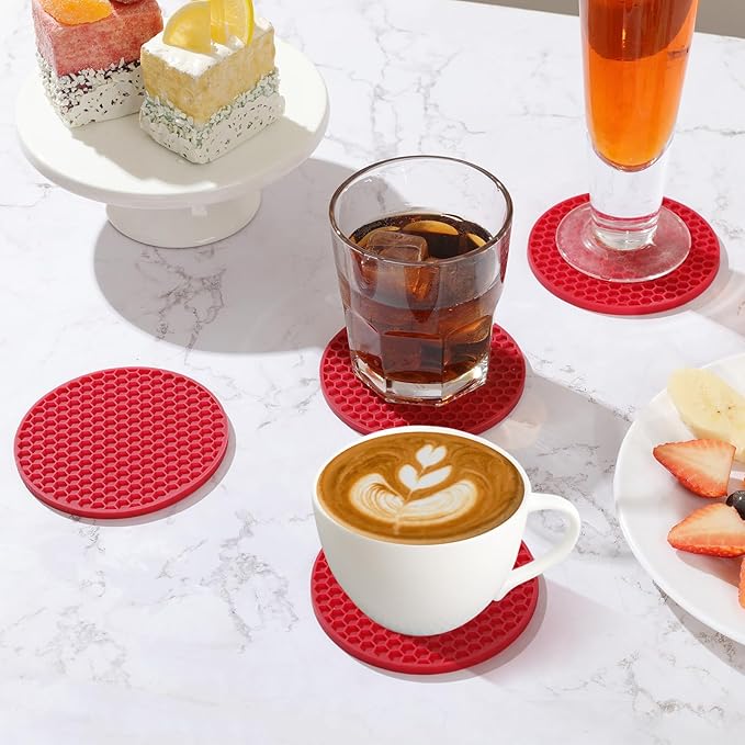 Coasters Set of 6 with Holder,Coasters for Drinks,Coffee Table Decor Coaster,Suitable for Kinds Cups,Anti-Slip,Non-Stick,Silicone Cup Coaster and Living Room Decor (6 Pcs, Wine red)