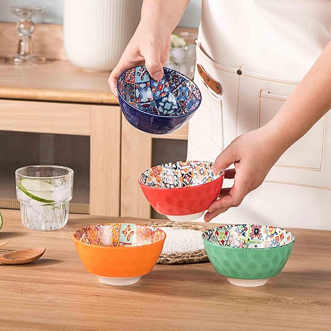 Henten Home Ceramic Small Bowls Set, 12 oz Soup Bowls Set of 4, Porcelain Snack Bowls Set for Salad, Rice, Ice Cream, Microwave & Dishwasher Safe Mosaic Style