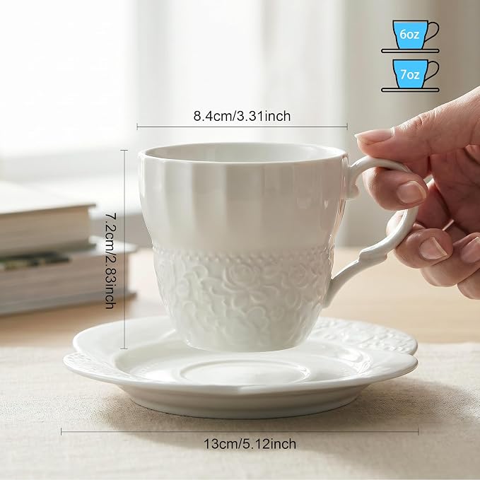 fMBB 7 Oz Tea Cups and Saucers, Rose Embossing Design, Bone Porcelain Tea Cups - Image 2