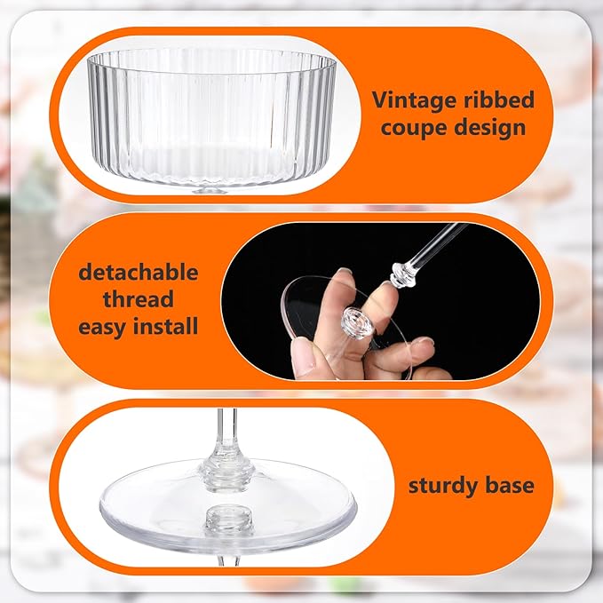 12 Pcs Ribbed Martini Glasses 10 oz Disposable Plastic Vintage Ribbed Coupe Glasses Unbreakable Dessert Parfait Glassware for Wedding Birthday Party Supplies (Clear)