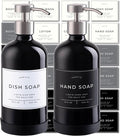 Hand and Dish Soap Dispenser for Kitchen and Bathroom, Set of 2 16 Oz Glass Bottles, Stainless Steel Pumps, Non-Slip Silicone Base, 27 Waterproof Labels (Gloss Black Bottle/Brushed Silver Pump)