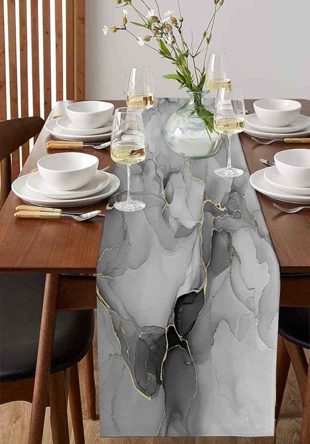 Grey Marble Table Runners 90 Inches Long, Cotton Linen Fabric Table Runner - Image 2