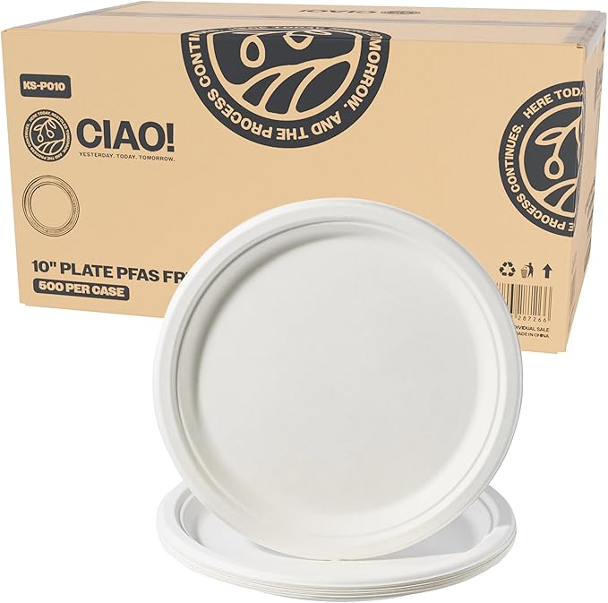 CIAO! 10" Heavy Duty Plate 100% Compostable PFAS Free Unbleached Bagasse Natural White (Pack of 500)