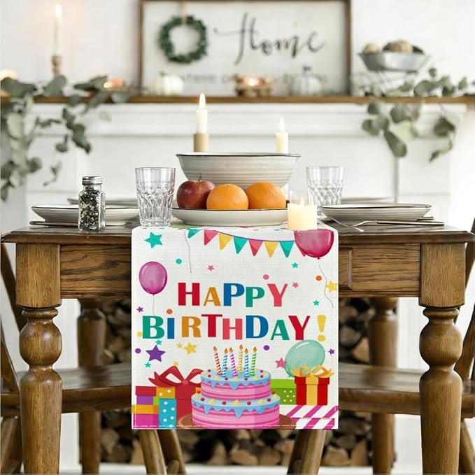 Happy Birthday Colorful Balloons Stars Table Runner, Birthday Decorations | - Image 3