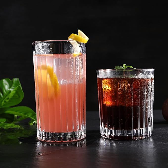 Royalrose Premium VertiLine 10 oz Highball Glasses, 6pc Tall Glass Sets. Lead-Free Crystal Drinking Glasses. Water Glasses, Mojito Glass Cups, and Mixed Drink Cocktail Glass Set. (Short glasses)