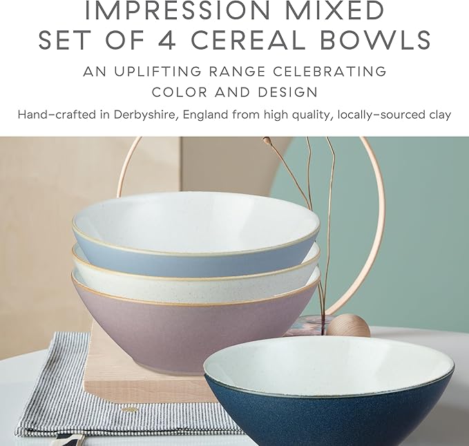Denby - Impression Mixed Color Cereal Bowls Set of 4-18.6oz Dishwasher Microwave Safe - Scratch Chip Resistant - Modern Angular Shape - Tableware for Nibbles, Dips, Side Dishes, Cereal & Desserts