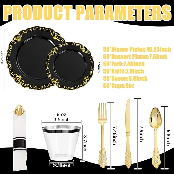 Ciaell 350 PCS Black Plastic Plates - Black and Gold Plates - Black Disposable Plates Include 100 Disposable Plate, 150 Heavy Duty Silverware, 50 Cups, 50 Napkins for Wedding & Party