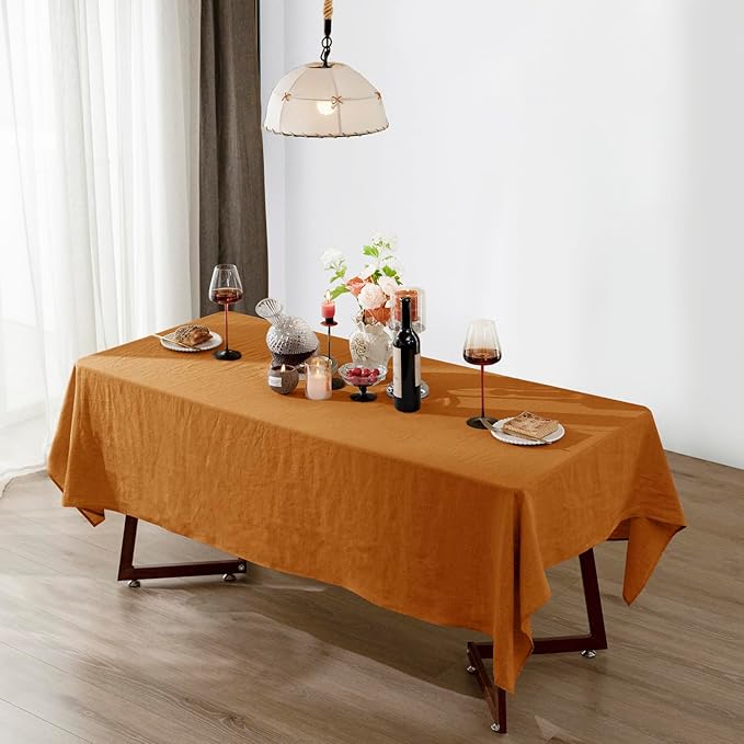 Talasily Linen Tablecloth 100% Pure Linen Table Cloth 60x84 Inches Rectangle Tablecloths Washable Cloths for Kitchen, Dining, Buffet Parties, Holidays, Picnic, Weddings and Restaurants-Caramel