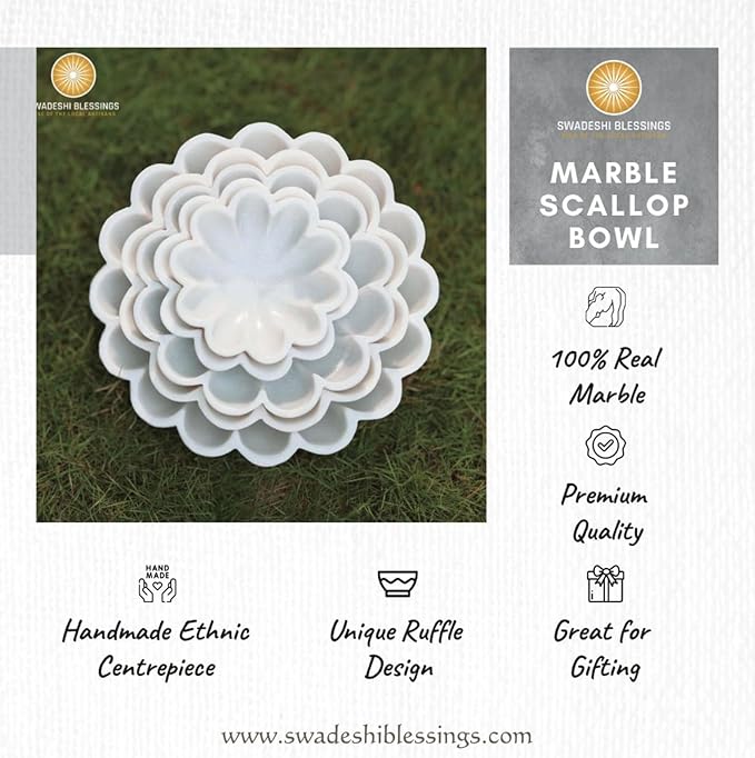 SWADESHI BLESSINGS HandCrafted Marble Decorative Bowl | White Ruffle Scalloped Fluted Key/Fruit Ring Dish | Organic Modern Home Decor (8 Inches)
