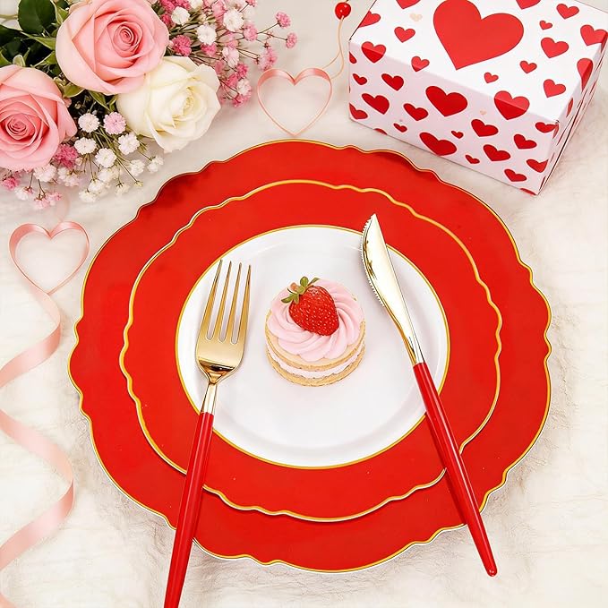 WDF 60pcs Red Valentines Plates with Gold Rim - 10.25inch Red Dinner Plates Disposable Plates Table Decor for Valentine's Day