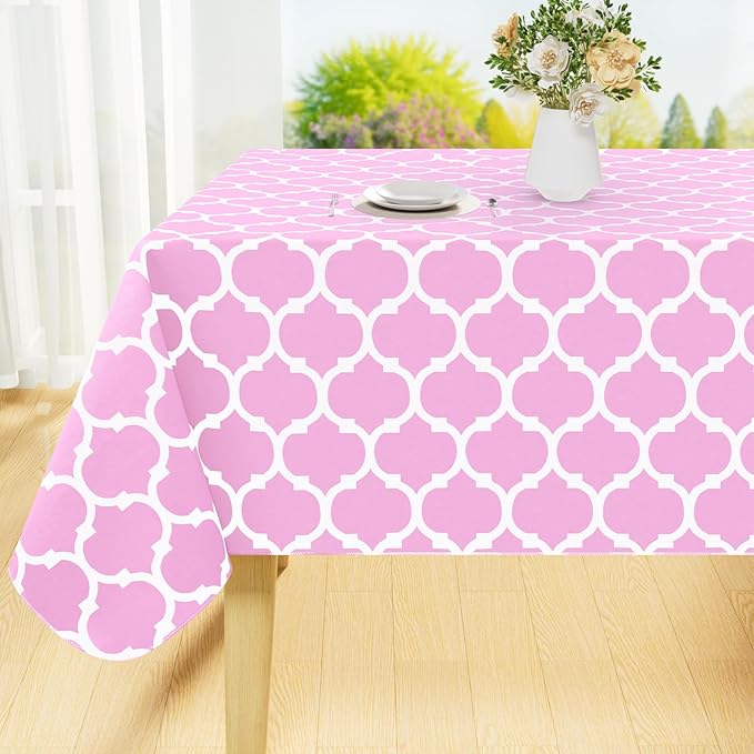 Smiry Rectangle Table Cloth, Waterproof Vinyl Tablecloth with Flannel Backing for Rectangle Tables, Wipeable Spillproof Plastic Tablecloths for Dining, Camping, Indoor and Outdoor, (60"x84", Pink)