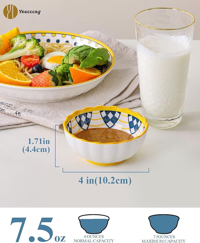 Yeacccng Small Bowls Set of 6, Small Colorful Bowl, Also Suitable as Soy Sauce Dish, 4 Inch Ceramic Sauce Bowls, Ideal for Serving Sushi, Cereals, Appetisers, Desserts, Ketchup, Olive Oil, 7.5 Oz