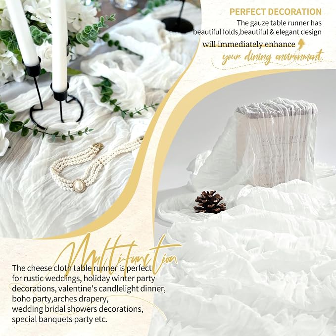 18 Pack Cheesecloth Table Runner 10FT Ivory White Table Runner Boho Gauze - Image 6