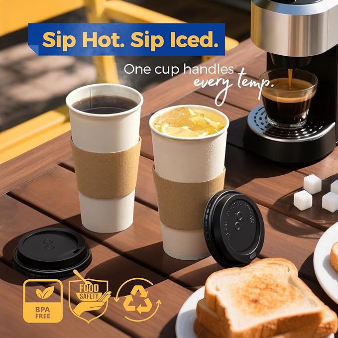 Fit Meal Prep 24 oz 100 Pack To Go Coffee Cups with Lids and Sleeves, Disposable Paper Coffee Cups with Lids for Hot/Cold Beverage
