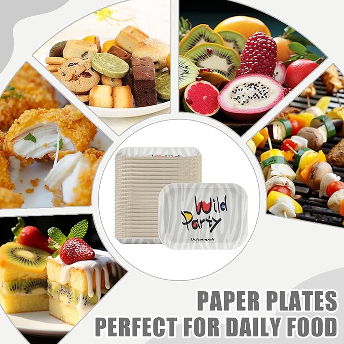 50 Pack 6.5 Inch Rectangle Paper Plates, Heavy Duty Disposable Plates Decorative Plates Party Plate Food Trays for Tacos, Dessert, Snack, Salad, Pasta, Camping Picnic Party (Zebra Stripe)