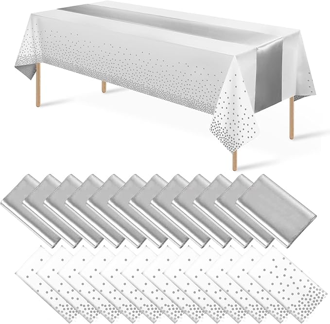 MASHAN 24Pack Disposable Plastic Tablecloths and Satin Table Runner Set White by MASHAN