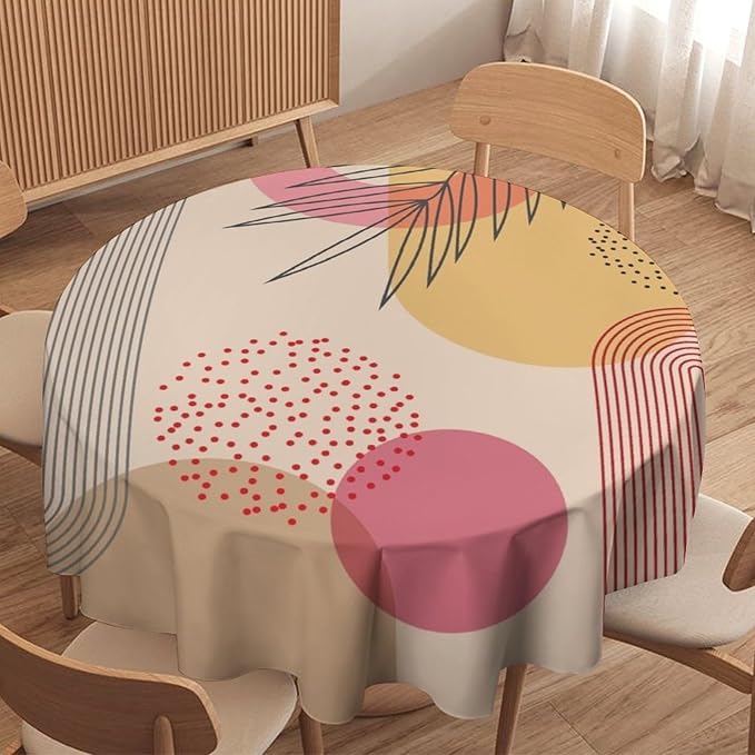 Mid Century Boho Round Tablecloth, Abstract Modern Sun Arch Curve Leaves Geometric Print Tablecloth for Home Party Dining Room Kitchen Decor 60Inch(152cm)