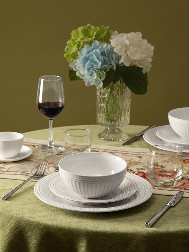 Famiware Garden Plates and Bowls Set, 24-Piece Dish Set for 8, Scratch Resistant Stoneware Dinnerware Set, Embossed Ceramic Tableware - Microwave and Dishwasher Safe, Reactive Glaze White